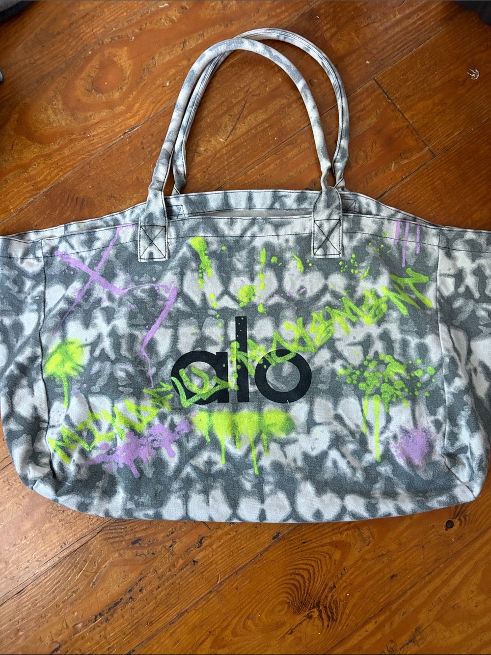 ALO Yoga Canvas Tote with Limited Edition Neon Green & Purple Graffiti Print